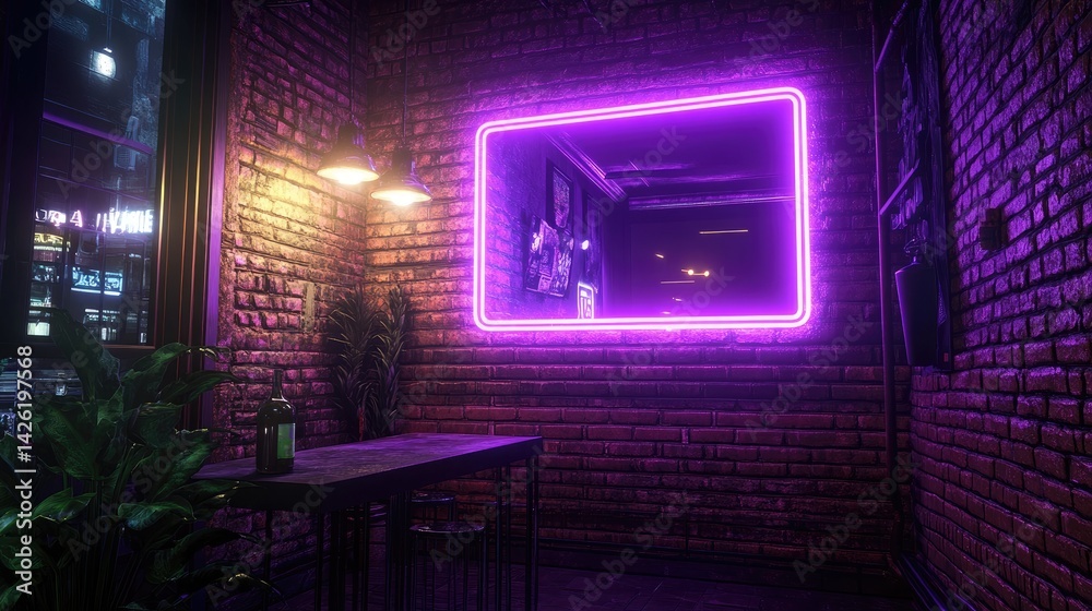 Obraz premium A glowing purple neon frame set against a vintage brick wall, blending modern lighting with urban design for a stylish, artistic look.