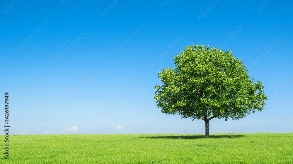 Fototapeta premium solitary tree stands majestically on vibrant green field under clear blue sky, evoking sense of peace and tranquility