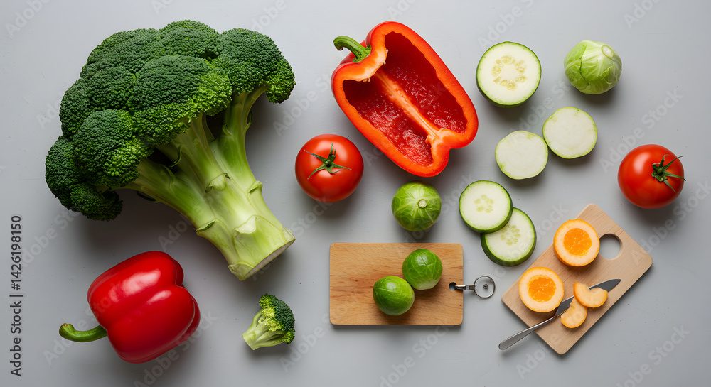 Colorful Fresh Vegetables And Cut Fruits Preparation On Gray Surface Colorful Fresh Vegetables And Cut Fruits Preparation On Gray Surface