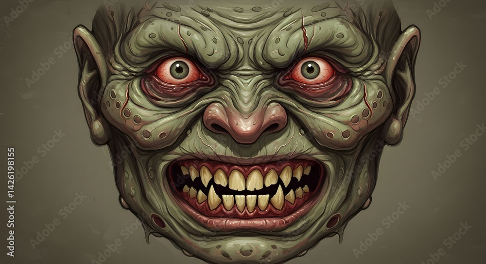 Obraz premium Creepy Zombie Monster Face with Sharp Teeth and Red Eyes Illustration