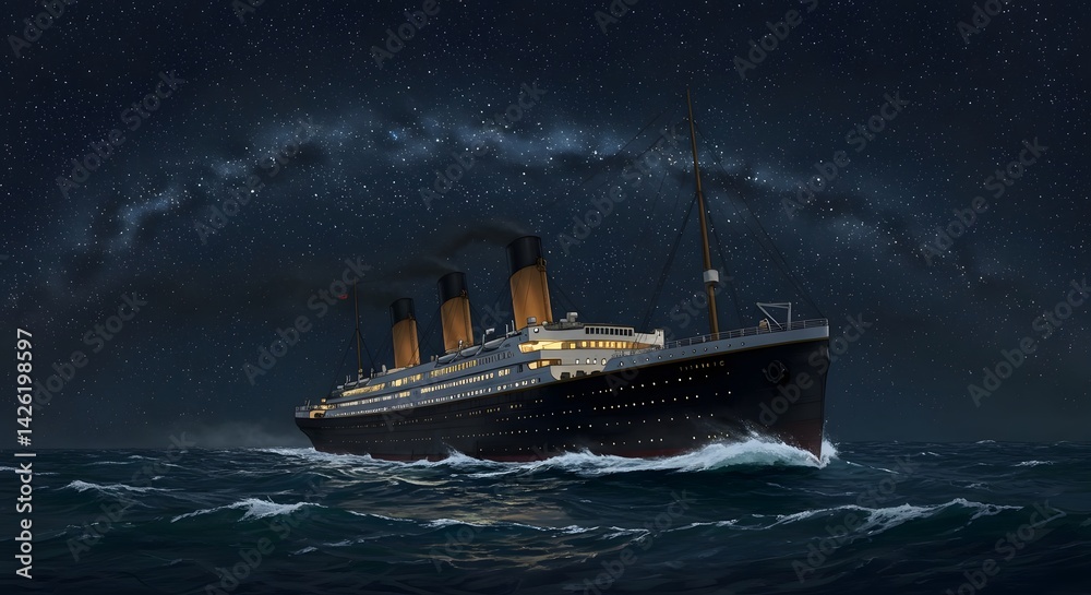 Fototapeta premium Titanic Sailing at Night Under the Stars, Ocean Voyage Illustration