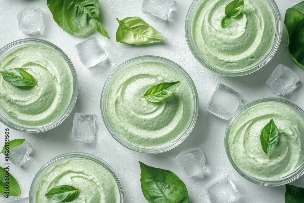 Obraz premium Delicious green herbal mousse served with fresh basil on a white background