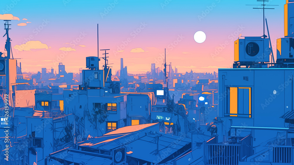 Fototapeta premium 三日月と星が煌めく都市の夜空を背景にした80年代風レトロポップ調の近未来イラスト素材｜ネオンライトと高層ビルが印象的な風景画
