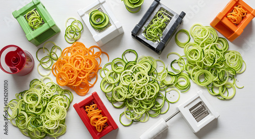 Creative Composition With Spiralized Vegetables and Various Kitchen Gadgets photo