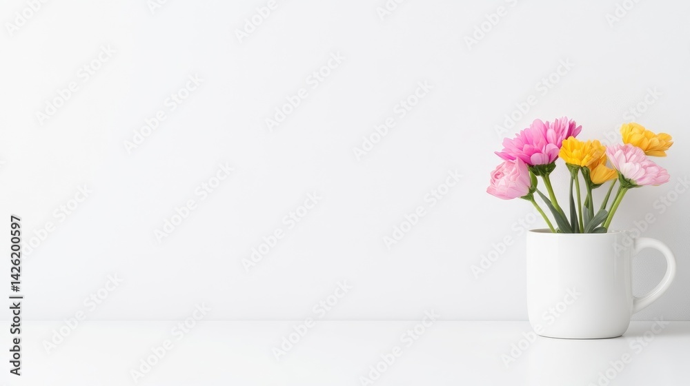 A white mug filled with colorful flowers on a minimalist white background, simple and elegant composition, and perfect for spring and home decor concepts. A white mug filled with colorful flowers on a minimalist white background, simple and elegant composition, and perfect for spring and home decor concepts.