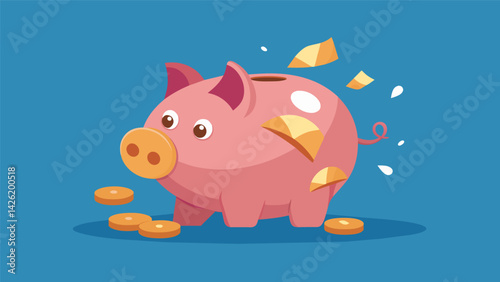 A broken piggy bank with tered coins depicting an overspending habit.. Vector illustration