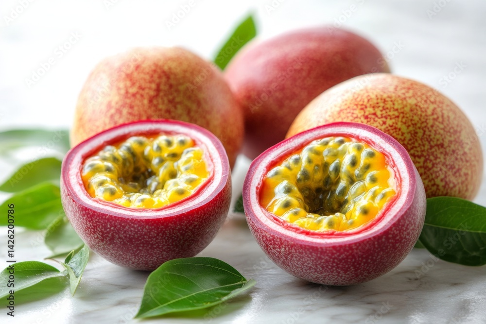 Passion fruits cut open on a marble surface with green leaves around