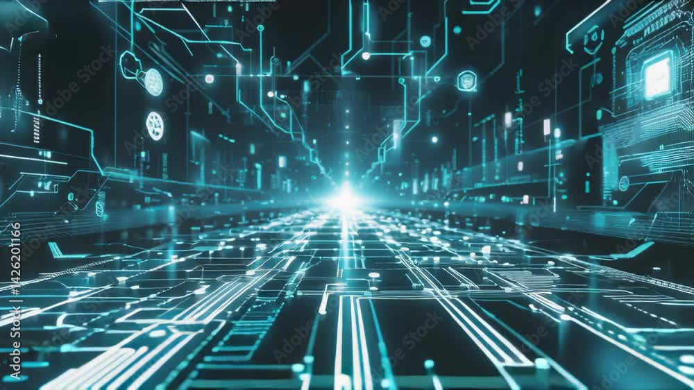 Futuristic digital circuit board design extending into a vanishing point, embodying concepts of cyberspace and data processing with blue neon elements, conveying high-tech innovation.