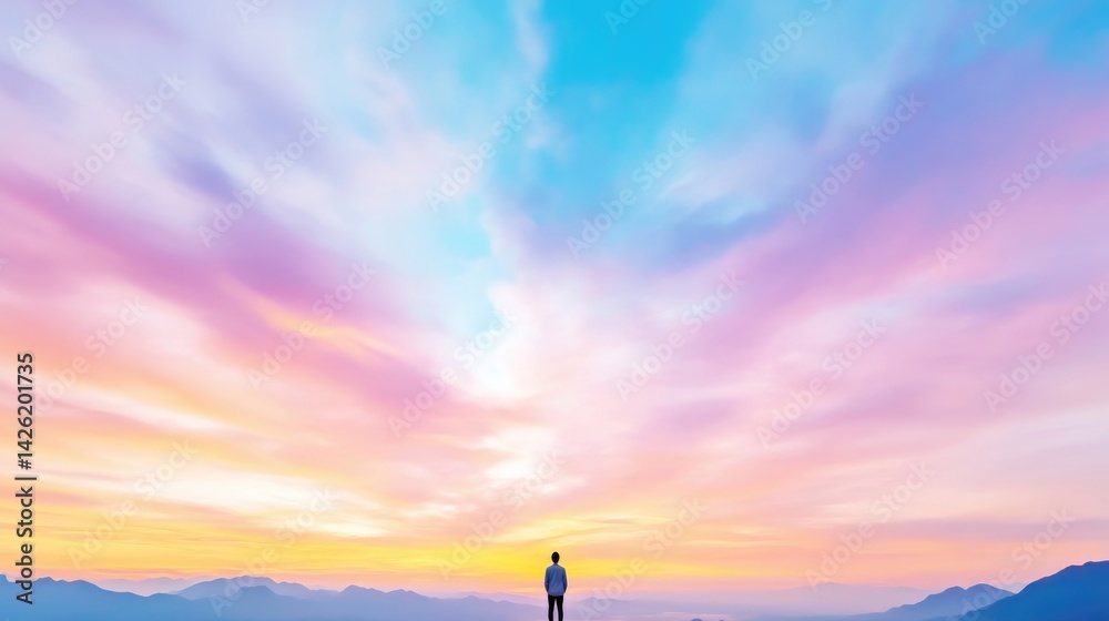 A solitary figure stands amidst a vibrant sunrise sky A solitary figure stands amidst a vibrant sunrise sky