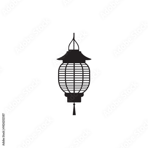 Traditional Japanese lantern icon in minimal black silhouette, vector decorative cultural design inspired by Asian architecture and temple aesthetics