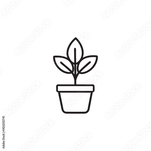 Minimal potted plant icon with leaves in line art style, vector illustration representing nature, eco growth, gardening, home decor, and green lifestyle