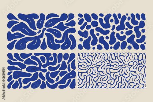 Abstract Organic Blob and Fluid Shape Pattern Set in Bold Blue Color Seamless Designs Vector Template