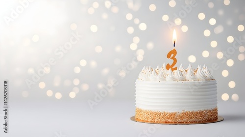 Festive third birthday cake with lit candle against a bokeh background