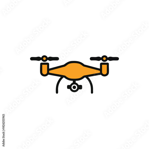 Black drone icon illustration with propellers and camera, vector silhouette quadcopter design for technology, aerial photography, and innovation themes
