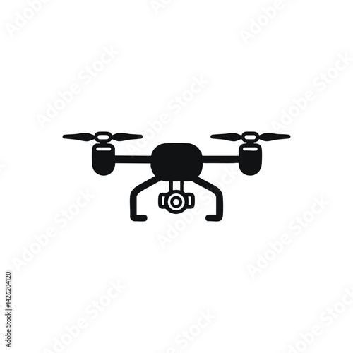 Black drone icon illustration with propellers and camera, vector silhouette quadcopter design for technology, aerial photography, and innovation themes