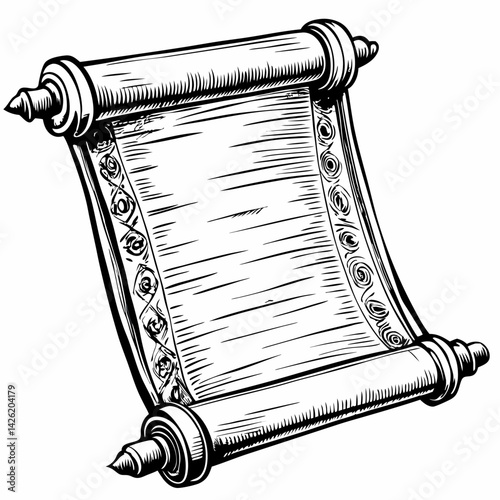 Ancient scroll with intricate details on a wooden rod, historical document, vintage illustration, black and white