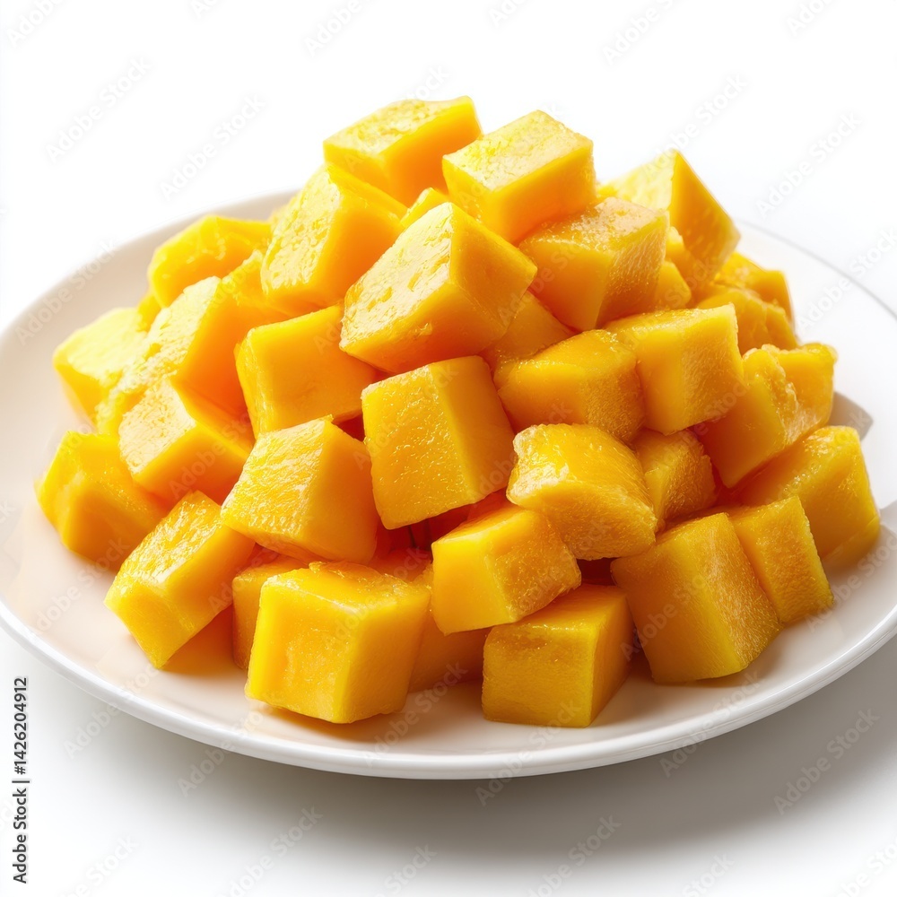 Fresh mango cubes on a plate isolated on white background Fresh mango cubes on a plate isolated on white background
