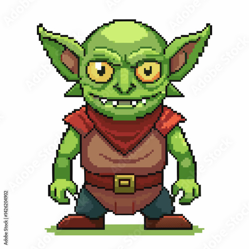 Pixel Art Green Goblin Character in Fantasy RPG Game   Retro 8 bit Style Monster with Pointy Ears and Yellow Eyes