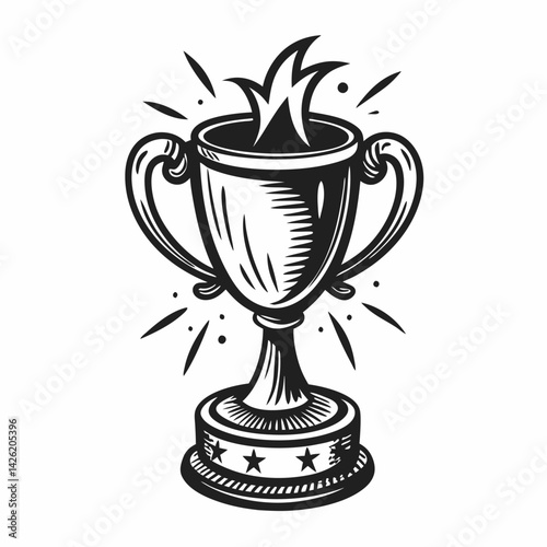 Hand Drawn Trophy with Stars and Flames Illustration for Achievement and Victory