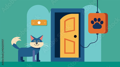 A connected pet door that only opens for the pet wearing a speciallyembedded tag keeping other animals out and preventing unwanted escapes.. Vector illustration