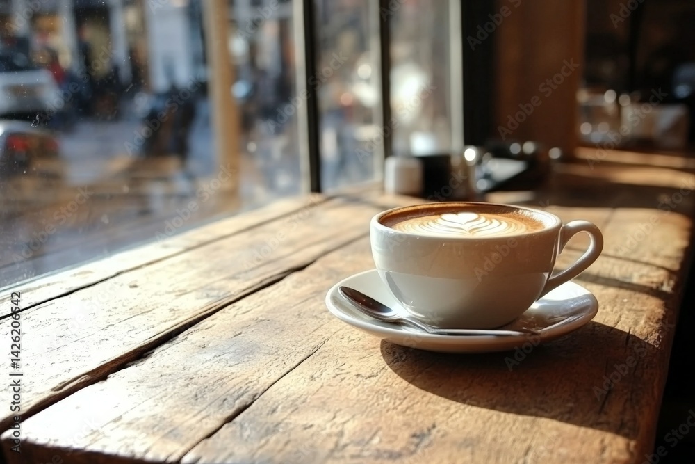 Fototapeta premium Warm latte resting on a wooden table near a window in a bustling café during the afternoon