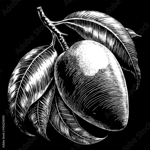 A drawing of a mango with a leaf on it