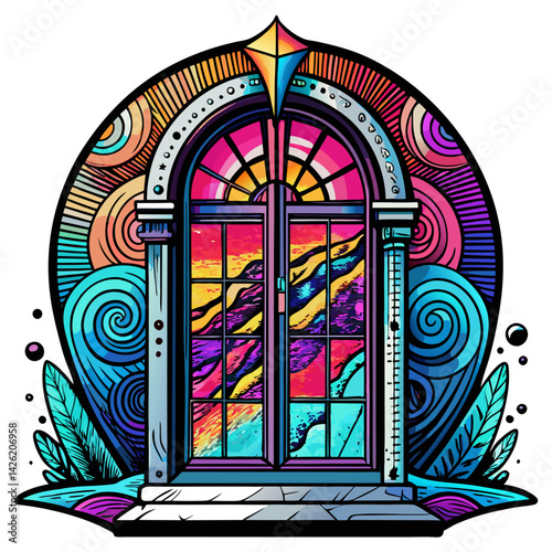 Vibrant Stained Glass Window Illustration with Abstract Patterns and Bold Colors