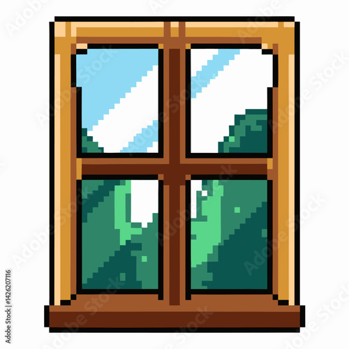 Wooden window with lush green trees outside, pixel art style, nature, retro gaming aesthetic