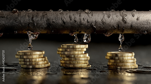 Leaking pipe with water dripping onto stacks of gold coins, symbolizing financial loss or economic instability, suitable for finance or investment concepts