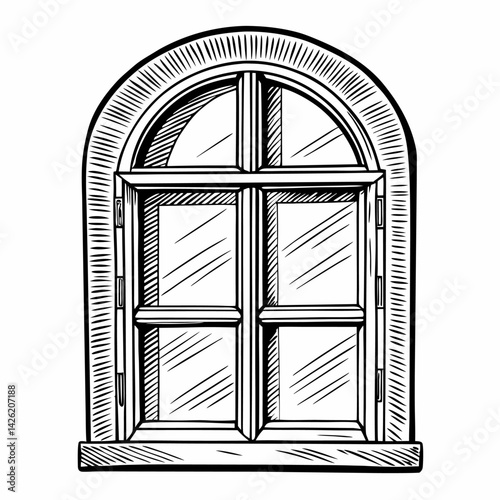 Hand drawn arched window illustration with wooden frame, crossbars, and reflections in a vintage line art style