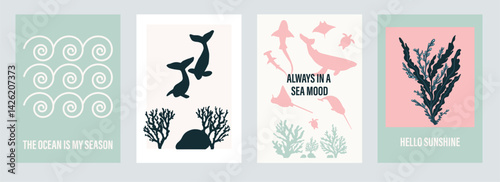 Minimalist Ocean Posters Set with Sea Life Silhouettes, Marine Animals, Coral, Seaweed, Waves, and Nautical Quotes in Pastel Colors – Vector Coastal Wall Art