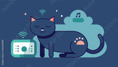 A discreet device that monitors your cats sleep patterns throughout the day and suggests ways to help them sleep better at night.. Vector illustration