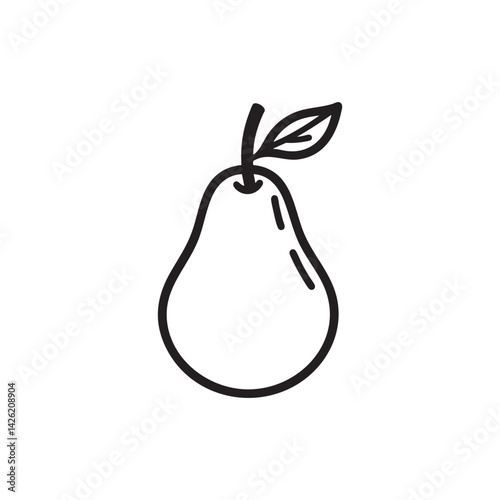 Minimal outline pear fruit icon, simple line art vector with leaf, healthy organic fruit symbol for logo design, diet, vegan, and nutrition visuals