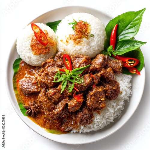 Beef rendang with rice close up isolated on white background