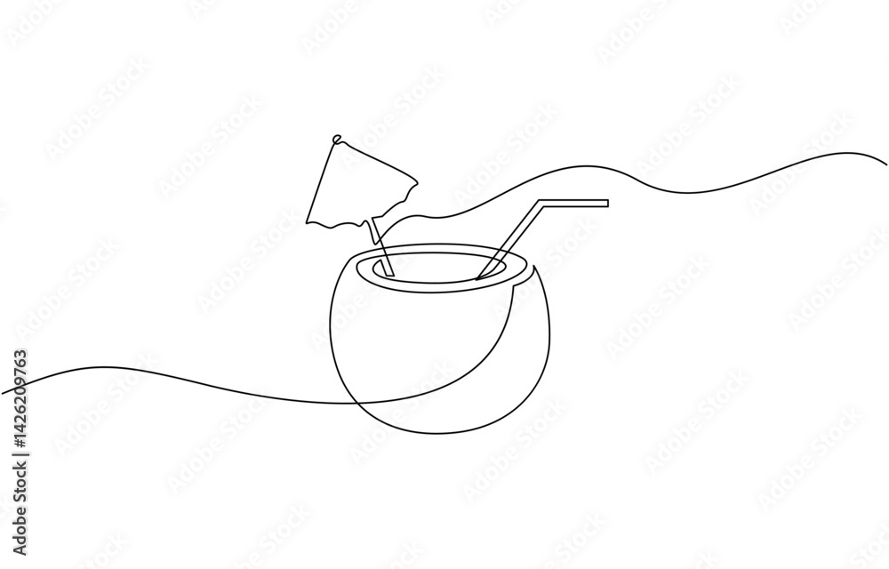 Obraz premium Continuous one single minimal line drawing coconut, Summer Coconut cocktail in one line with an umbrella and a straw. Minimalistic continuous editable stroke.