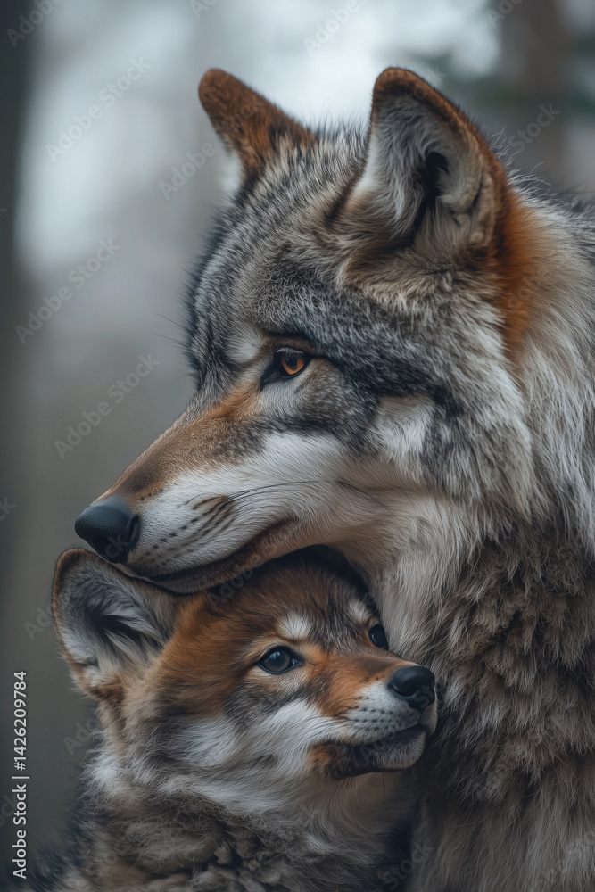 Fototapeta premium Mother wolf lovingly embraces her playful cub