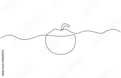 Continuous one single minimal line drawing coconut, Summer Coconut cocktail in one line with an umbrella and a straw. Minimalistic continuous editable stroke.