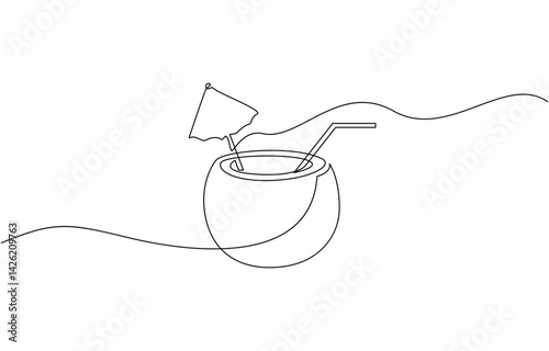 Continuous one single minimal line drawing coconut, Summer Coconut cocktail in one line with an umbrella and a straw. Minimalistic continuous editable stroke.
