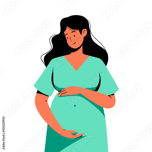 Pregnant woman holding belly and smiling,  soft vector illustration for Mother's Day