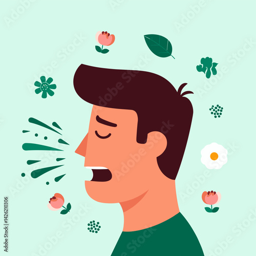 Flat vector illustration of a person sneezing dramatically, with visible green pollen particles floating in the air.