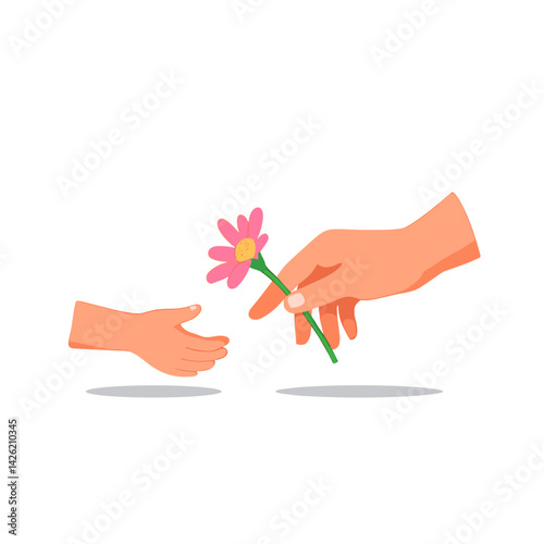 Flat vector illustration, child's hands giving a flower to mother