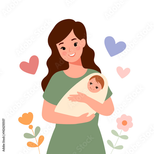 Mother holding baby in arms with love and smile, surrounded by pastel hearts and flowers, flat vector.
