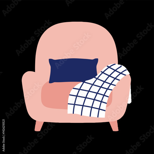 Flat vector illustration, cozy armchair with pillow and plaid