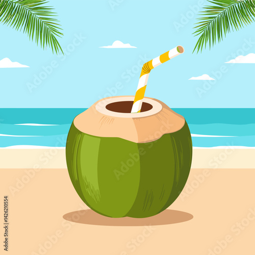 coconut drink on tropical beach flat vector
