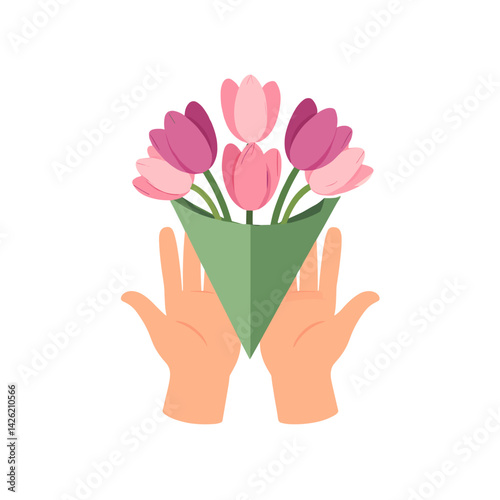 A flat vector illustration of two hands holding a vibrant flower bouquet, symbolizing love and celebration for Mother’s Day or Women’s Day