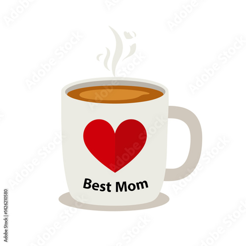 A minimalist flat vector illustration of a white ceramic mug featuring the elegant script text 'Best Mom.' 
