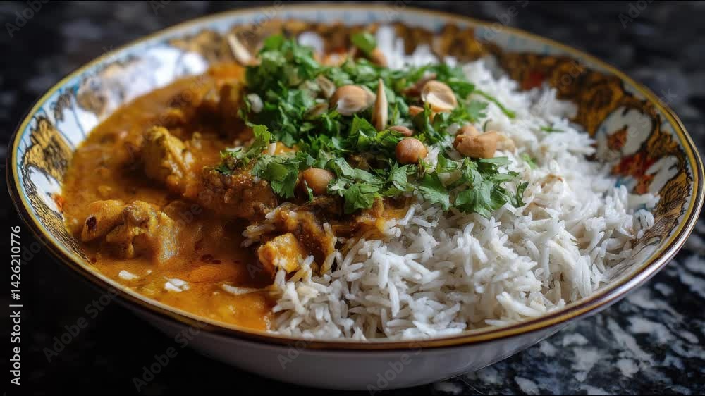 Delicious chicken curry and rice dish, perfectly presented. Delicious chicken curry and rice dish, perfectly presented.