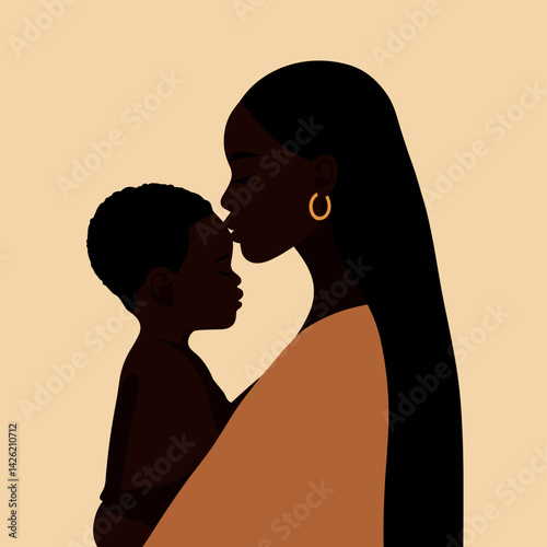 Minimalist vector illustration, mother hugging a child