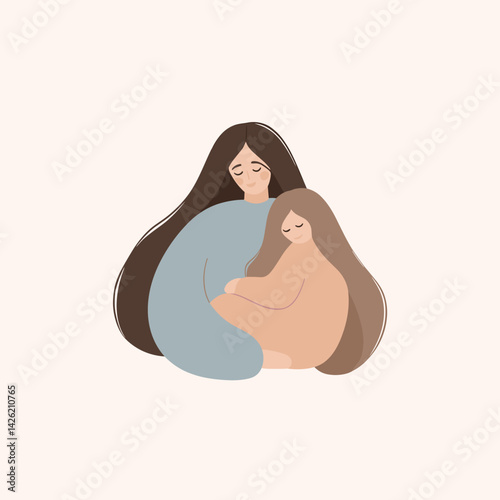 Minimalist vector illustration, mother hugging a child