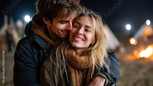 Cheerful Couple Hugging at Night Around Campfire with Tents in the Background photo